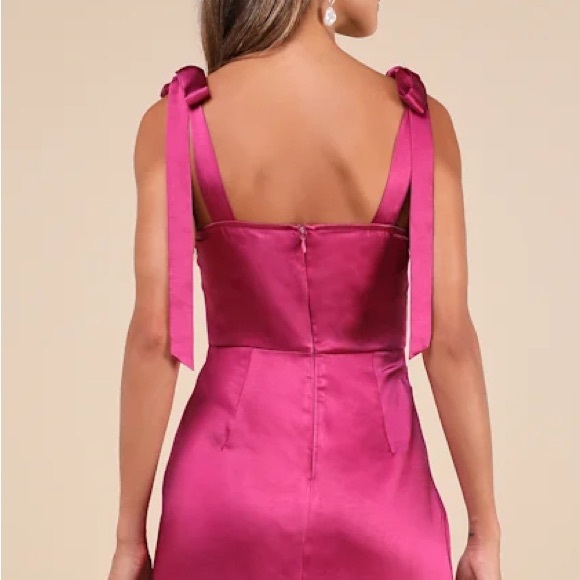 Lulu's Graceful Sophistication Magenta Pink Satin Bow Tie Straps Midi Dress M - Picture 5 of 12